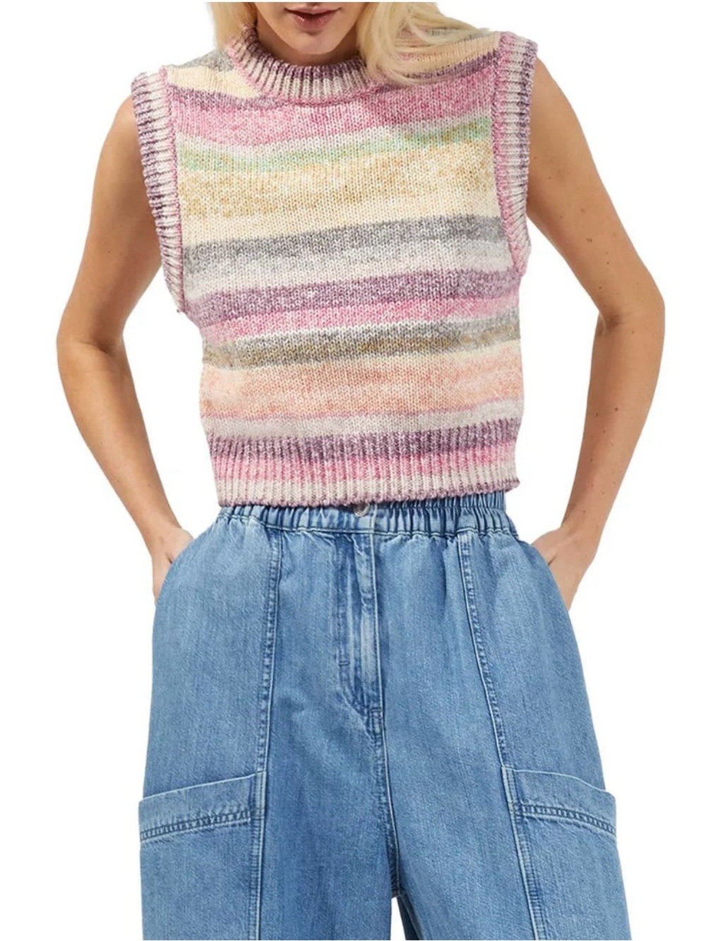 French Connection Kasper Stripe Knit Sweater Vest Pastel Crew Neck Cotton
